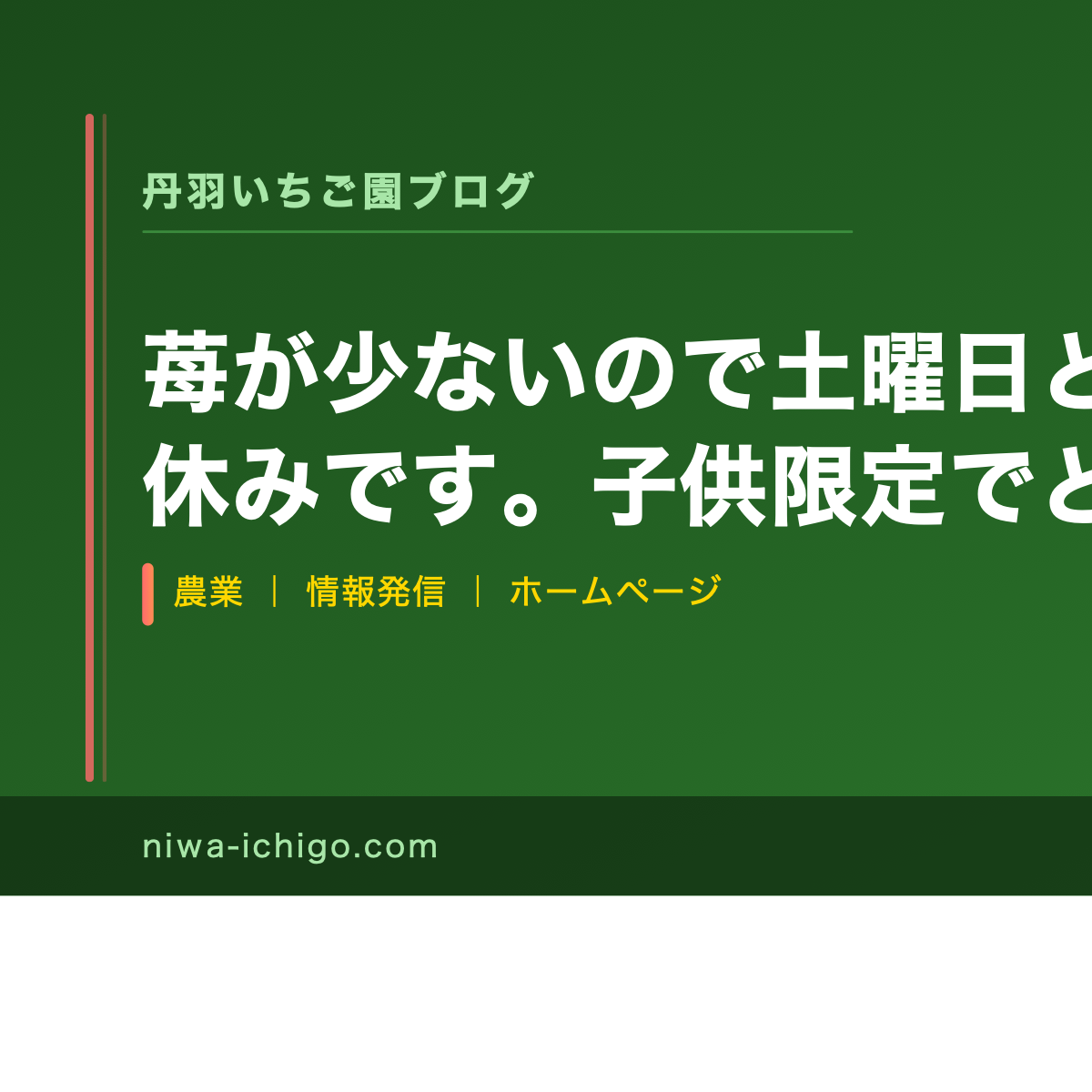 苺が少ないので土曜日と日曜日は原則お休みです。子供限定でどうしてもって方はハウスの中を見てもらってから了承貰った人に案内する形になりますので宜しくお願いします。 - 記事サムネイル