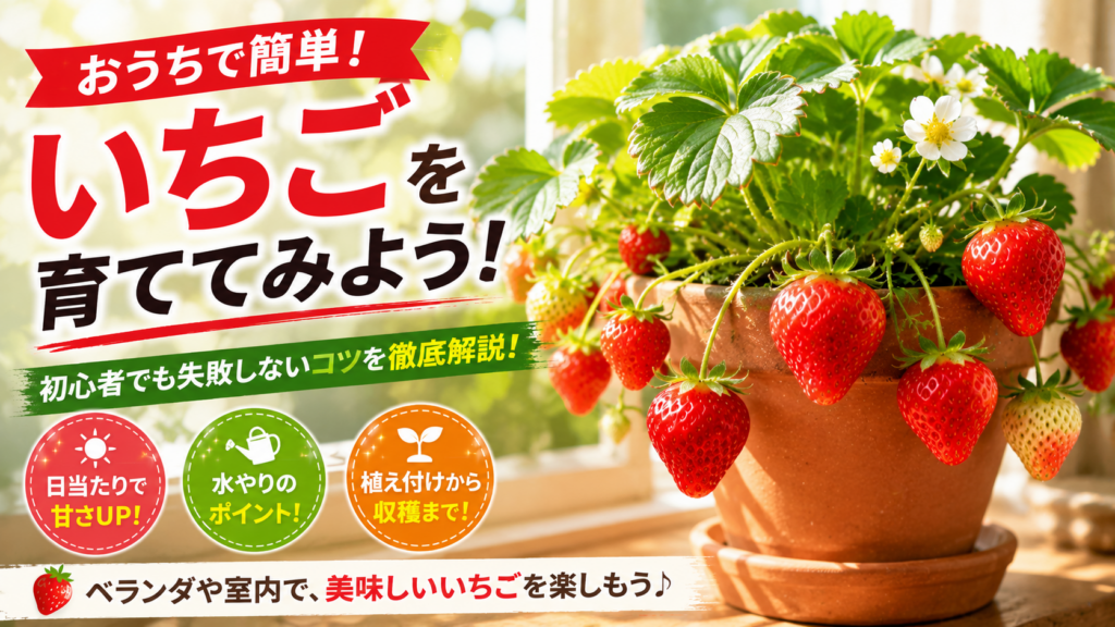 窓際で日光を浴びて育つ鉢植えいちごの写真
