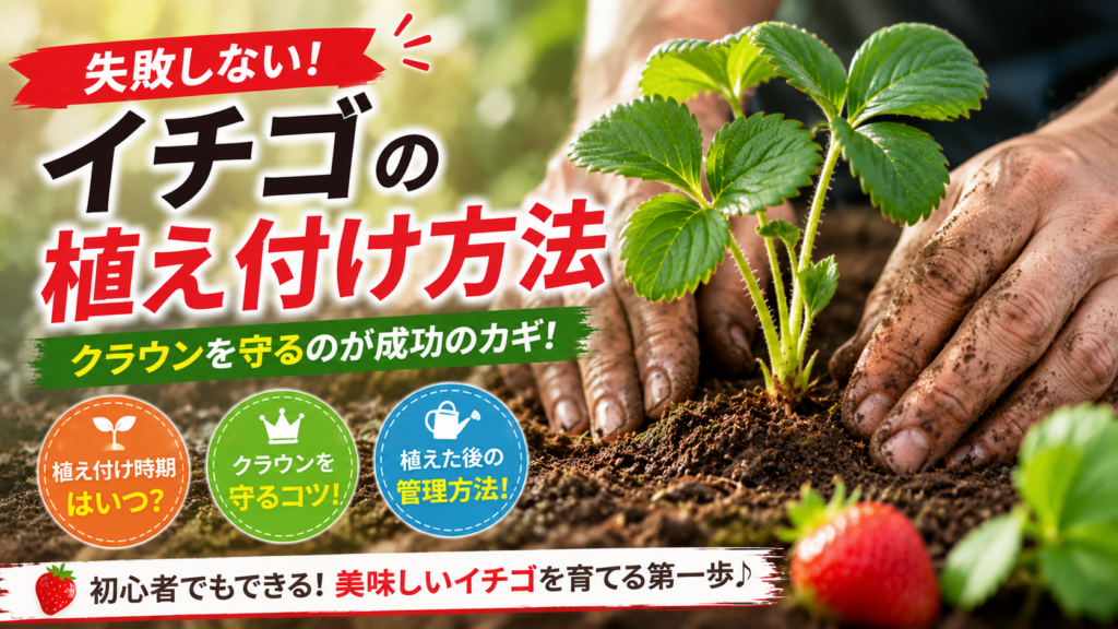 いちごの苗を定植している様子、クラウンが土の上に出ている状態