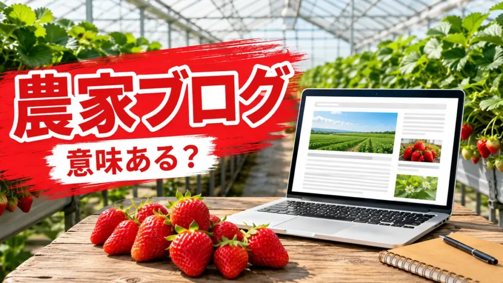農家ブログは意味ある？いちごハウスとノートパソコンでブログを書くイメージ