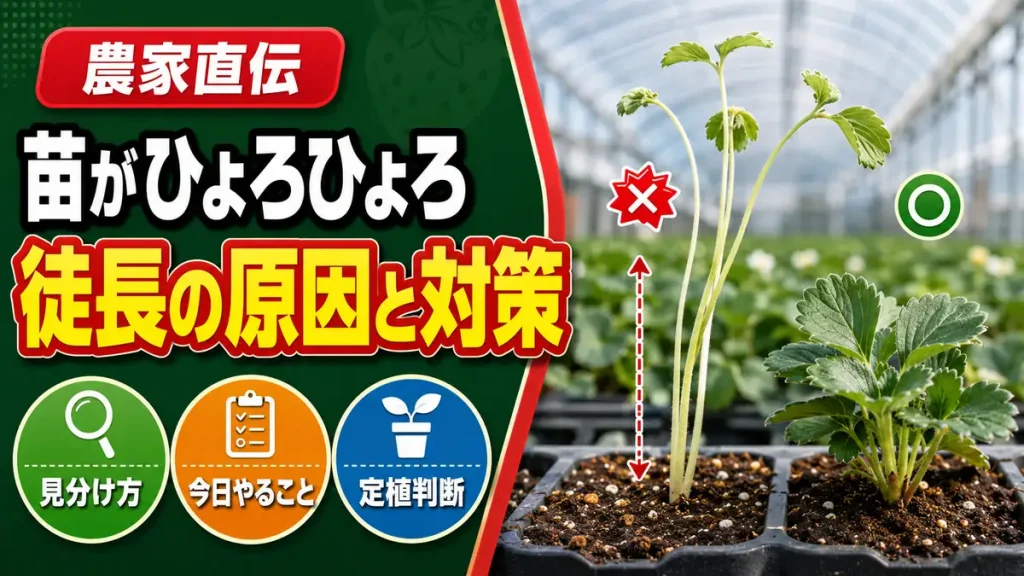 いちご苗がひょろひょろに徒長する原因のアイキャッチ