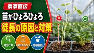 いちご苗がひょろひょろに徒長する原因のアイキャッチ