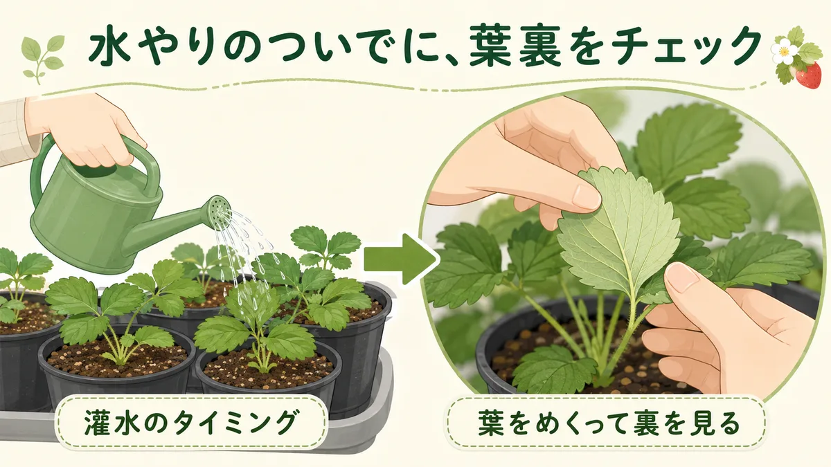 水やりの際にいちごの葉をめくって葉裏を確認している様子のイラスト。灌水のバルブ操作と同時に葉裏をチェックする流れを示す図