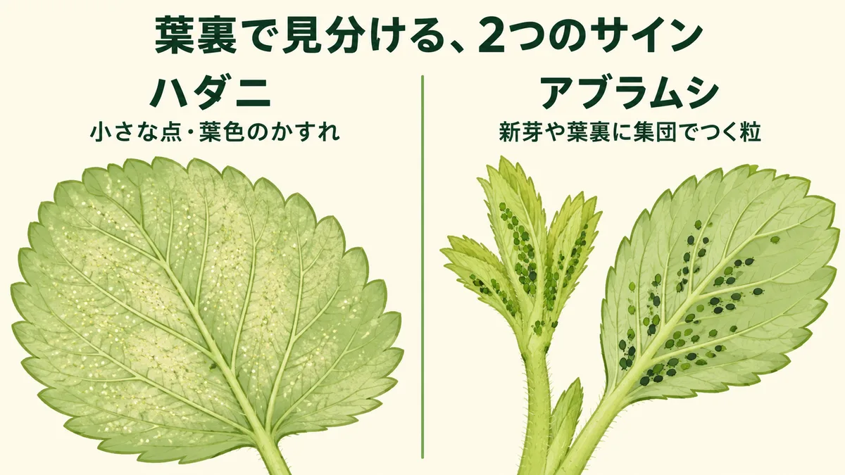 いちごの葉裏で見分けるハダニとアブラムシのサインを比較したイラスト。左はハダニによる小さな点と葉色のかすれ、右はアブラムシが新芽や葉裏に集団でつく粒