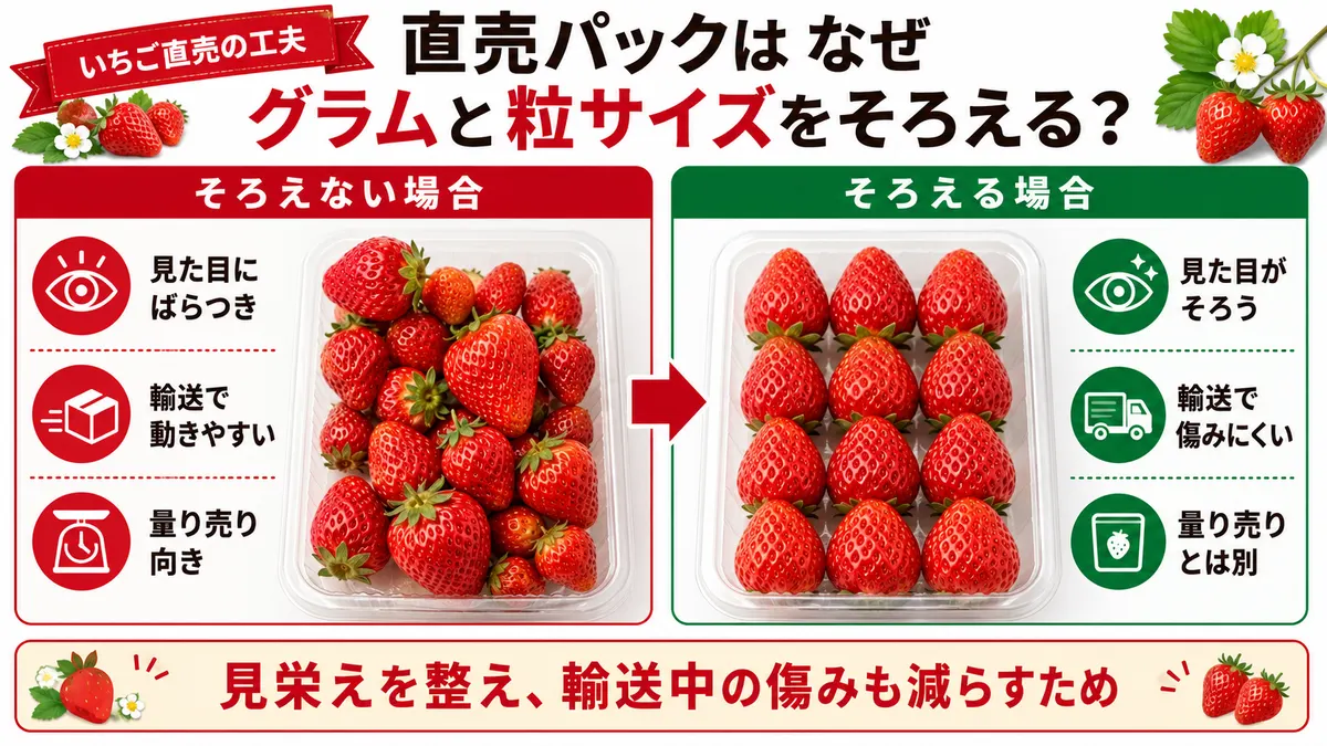 直売パックはなぜグラムと粒サイズをそろえるかの比較図解。そろえない場合は見た目にばらつき・輸送で動きやすい・量り売り向き。そろえる場合(丹羽いちご園の方法)は見た目がそろう・輸送で傷みにくい・量り売りとは別。見栄えを整え、輸送中の傷みも減らすため。