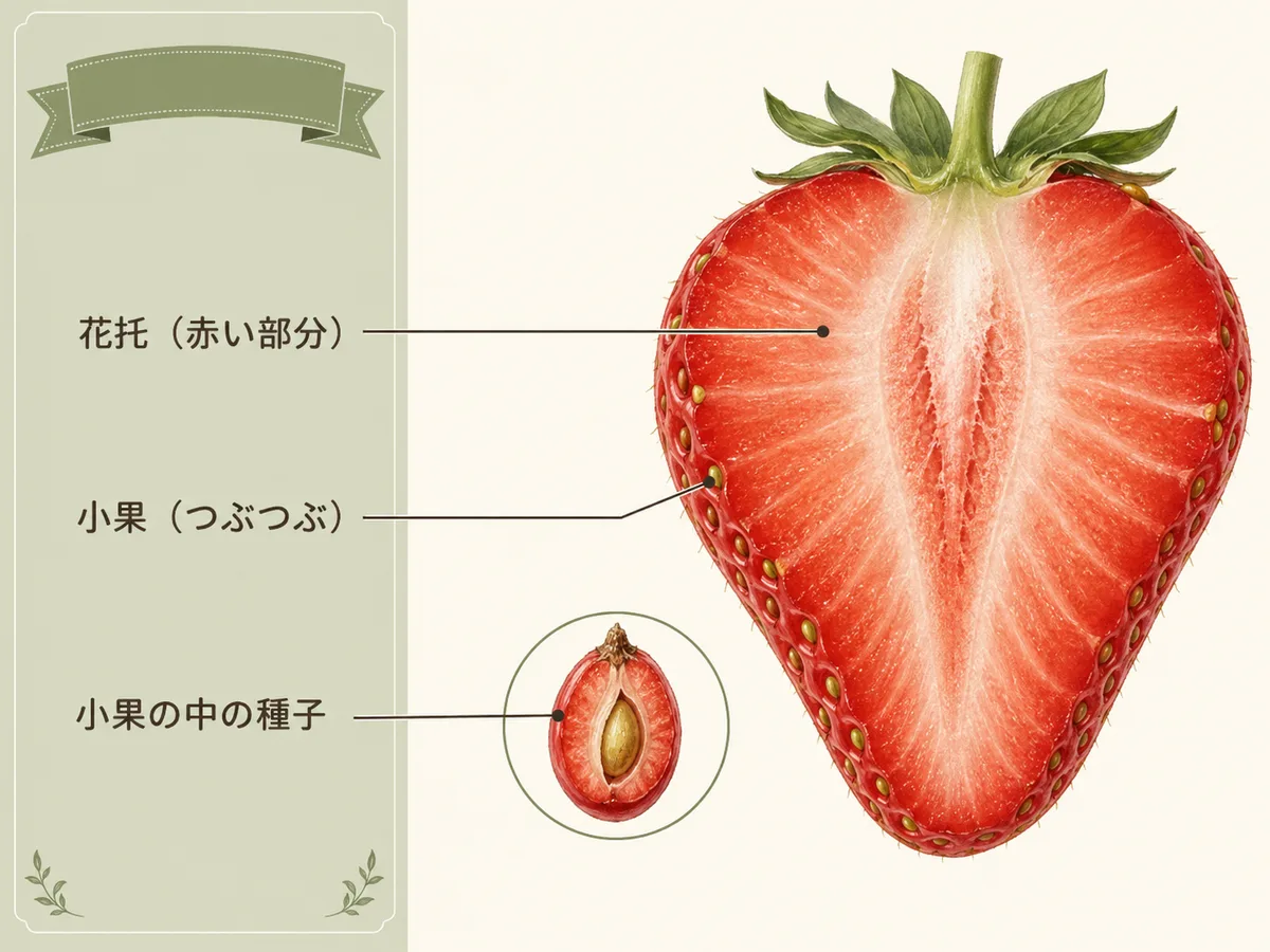 いちごの断面図。表面のつぶつぶ(小果・痩果)の中に種が1粒入っていること、赤い部分が花托であることを示す図。