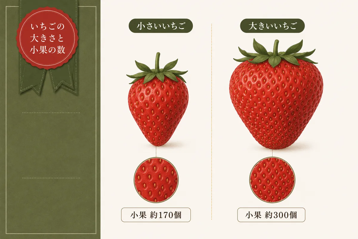 いちごの大きさと小果(つぶつぶ)の数の関係を示す図。小さいいちごは小果約170個、大きいいちごは小果約300個。