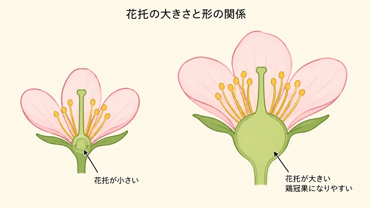 花托が小さい花と大きい花の断面図。花托が大きいと鶏冠果になりやすいことを示す模式図