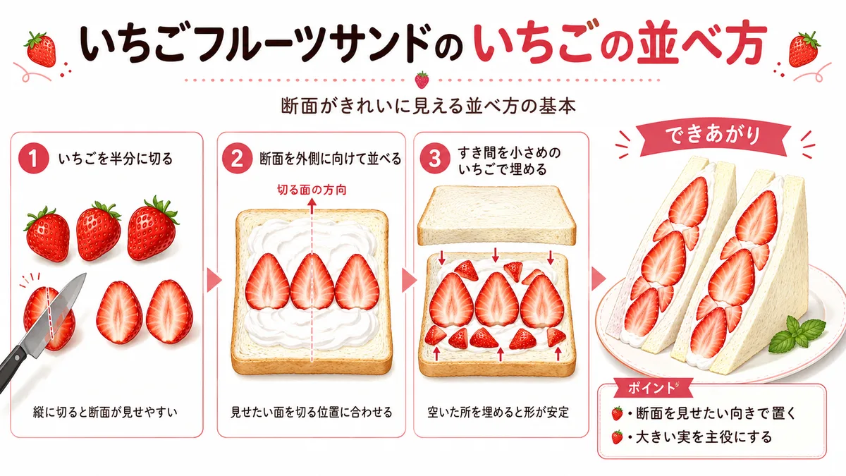 いちごフルーツサンドの並べ方。半分に切ったいちごを、完成後に見せたい断面の向きにそろえ、すき間を小さめのいちごで埋める手順。