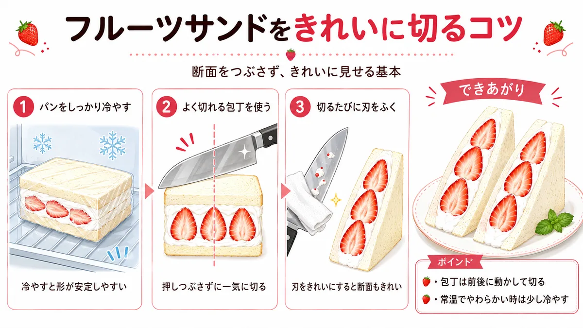フルーツサンドをきれいに切るコツ3ステップ。1.パンをしっかり冷やす 2.よく切れる包丁を使う 3.切るたびに刃をふく。包丁は前後に動かして切り、常温でやわらかい時は少し冷やすときれいに仕上がる。