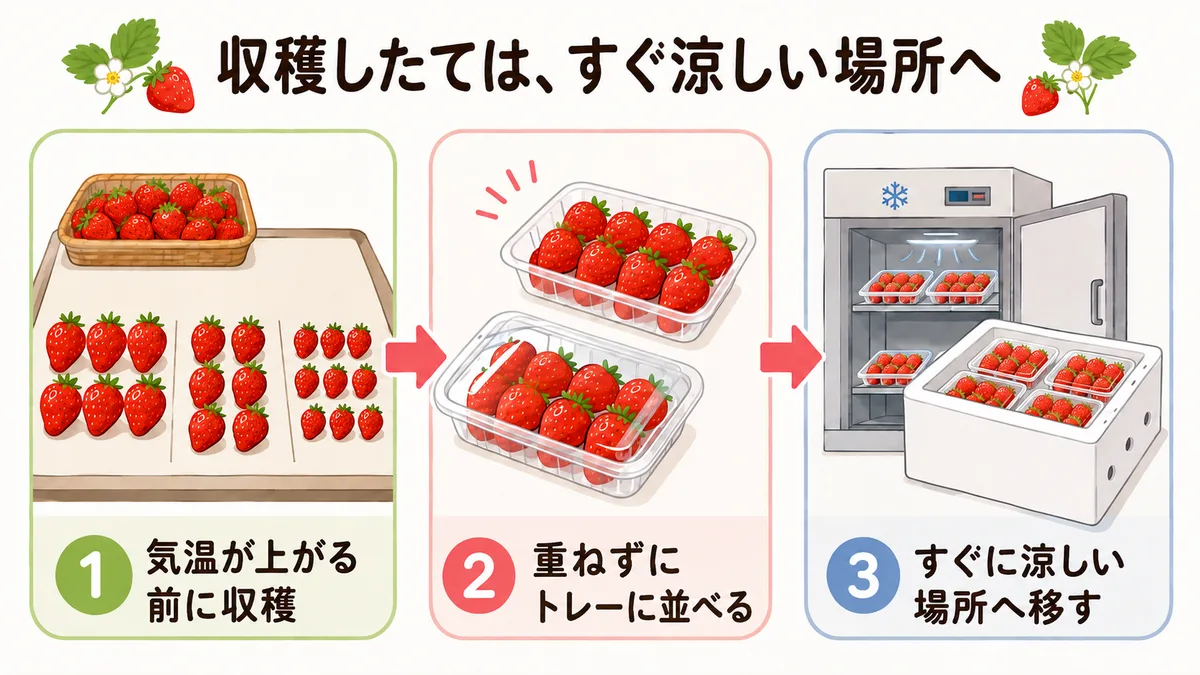 いちごの収穫直後の3ステップを示す図解。1:気温が上がる前に収穫、2:重ねずにトレーに並べる、3:すぐに涼しい場所へ移す