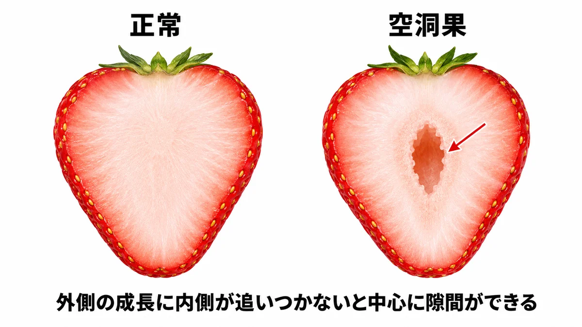 正常ないちごと中心に隙間ができた空洞果の断面比較。外側の成長に内側が追いつかないと中心に隙間ができる。