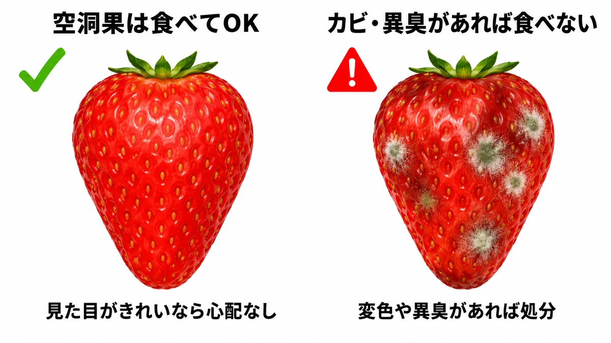 空洞だけでカビ・異臭・変色がなければ食べてOK、カビや異臭・変色があるいちごは食べずに処分する目安の比較図。