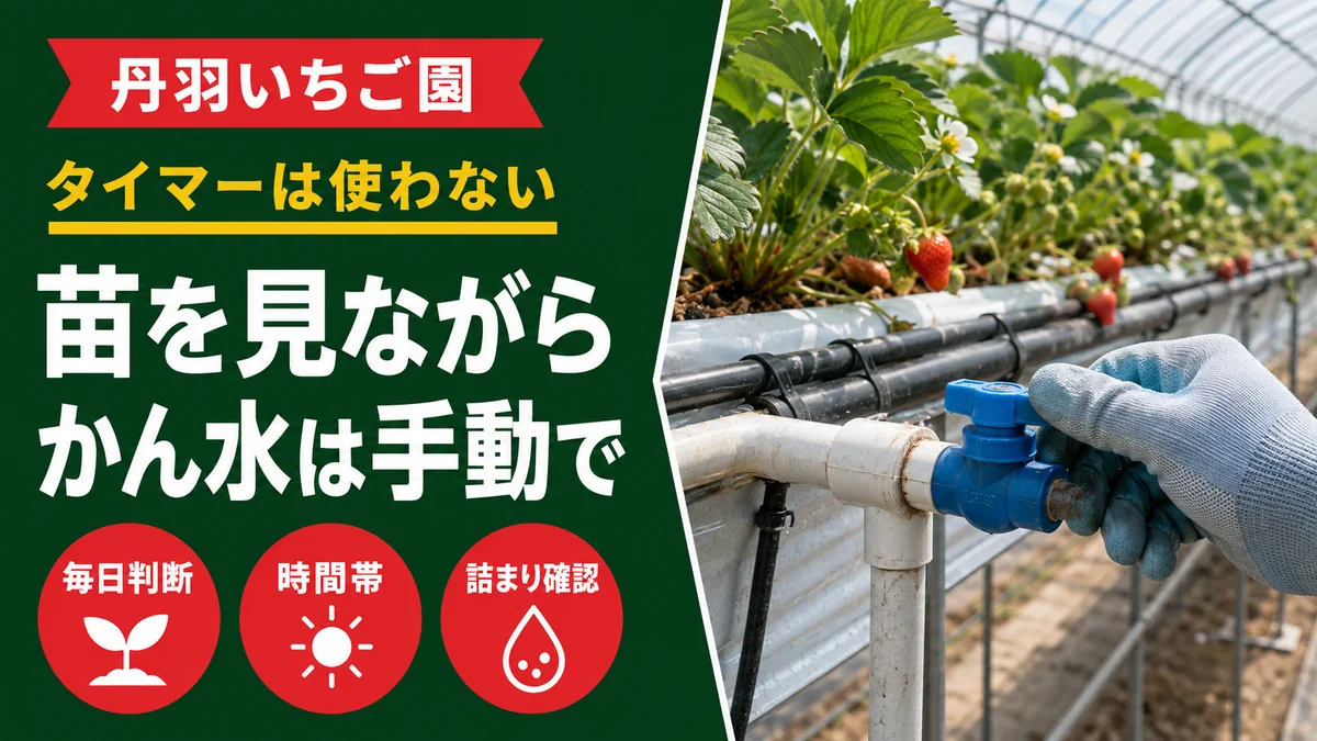 丹羽いちご園はタイマーを使わず、苗を見ながら灌水を手動で行っていることを示すアイキャッチ画像