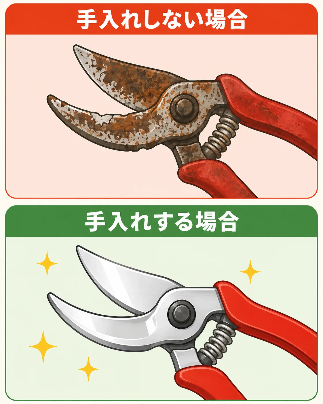 園芸ばさみを手入れしない場合はサビて刃先が欠けるが、手入れする場合は清潔で切れ味の良い状態を保てるという比較イラスト
