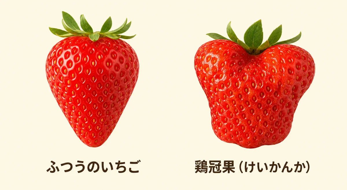 普通の円錐形のいちごと、先端がくっついたような形の鶏冠果いちごの比較イラスト