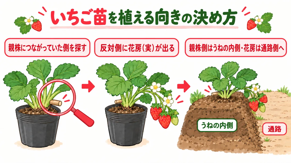 いちご苗を植える向きの決め方。1.ポット苗の株元で、親株につながっていた側を探す。2.その反対側に花房(実)が出る。3.親株側はうねの内側、花房は通路側へ向けて植える。