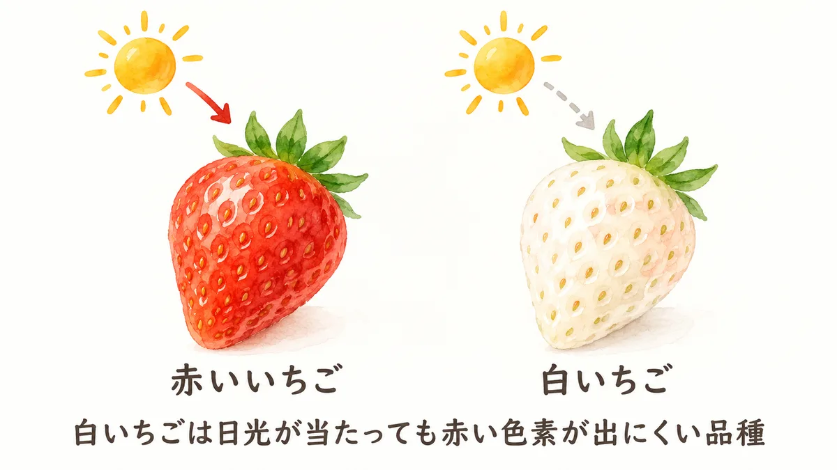 赤いいちごと白いちごの比較図。左は赤く熟れたいちごに太陽から赤い矢印、右は白いいちごに太陽から薄いグレーの点線の矢印。下に「白いちごは日光が当たっても赤い色素が出にくい品種」のキャプション