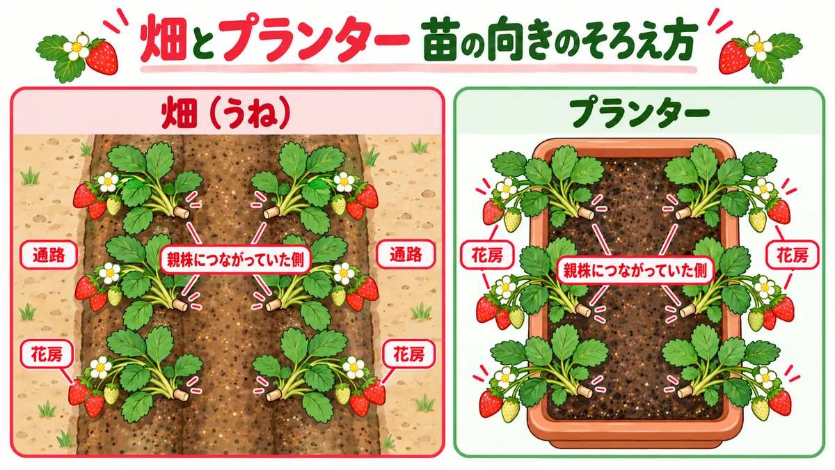 畑とプランターでの苗の向きのそろえ方を真上から見た図。畑では親株につながっていた側をうねの中央側に向け、花房は両外側の通路側へ。プランターでは親株につながっていた側をプランターの内側に向け、花房は縁の外側へ出す。