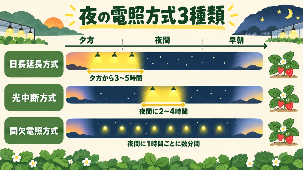 夜の電照方式3種類を時間帯で比べた図。日長延長方式は夕方から3〜5時間、光中断方式は夜間に2〜4時間、間欠電照方式は夜間に1時間ごとに数分間照明をつける
