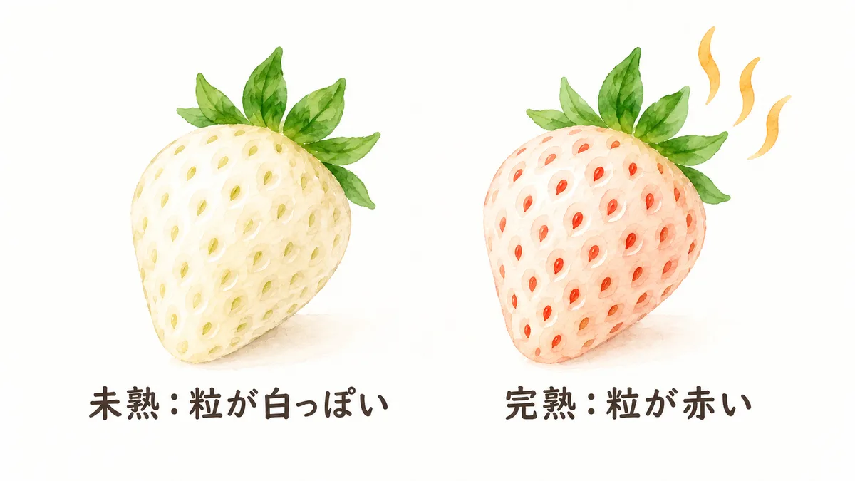 白いちごの完熟サイン比較図。左は種が白っぽい未熟な状態、右は種が赤く香りが立つ完熟の状態