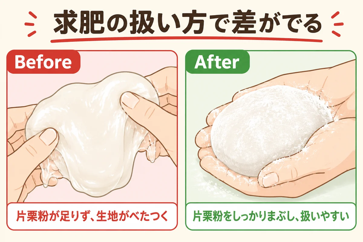 求肥の扱い方比較：片栗粉が足りないと生地がべたつく、片栗粉をしっかりまぶすと扱いやすい