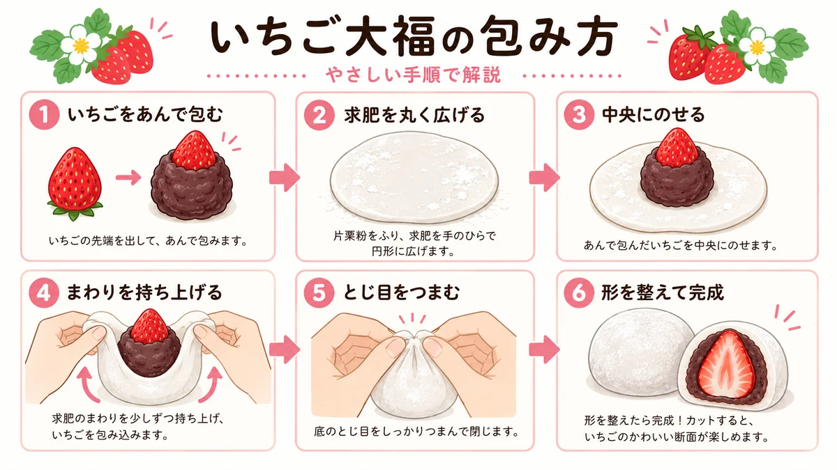 いちご大福の包み方6ステップ：いちごをあんで包む、求肥を丸く広げる、あんいちごを中央にのせる、まわりを持ち上げる、とじ目をつまむ、形を整えて完成