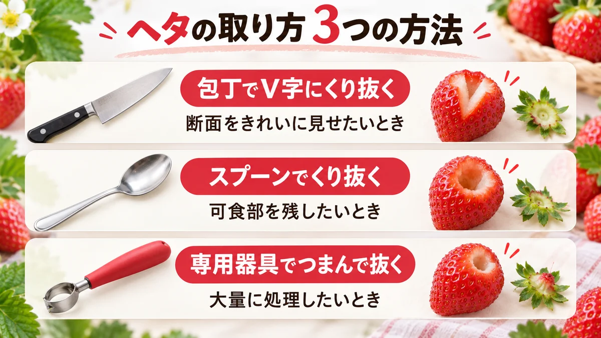 いちごのヘタを取る3つの方法の比較。包丁でV字にくり抜く（断面をきれいに見せたいとき）、スプーンでくり抜く（可食部を残したいとき）、専用器具でつまんで抜く（大量に処理したいとき）