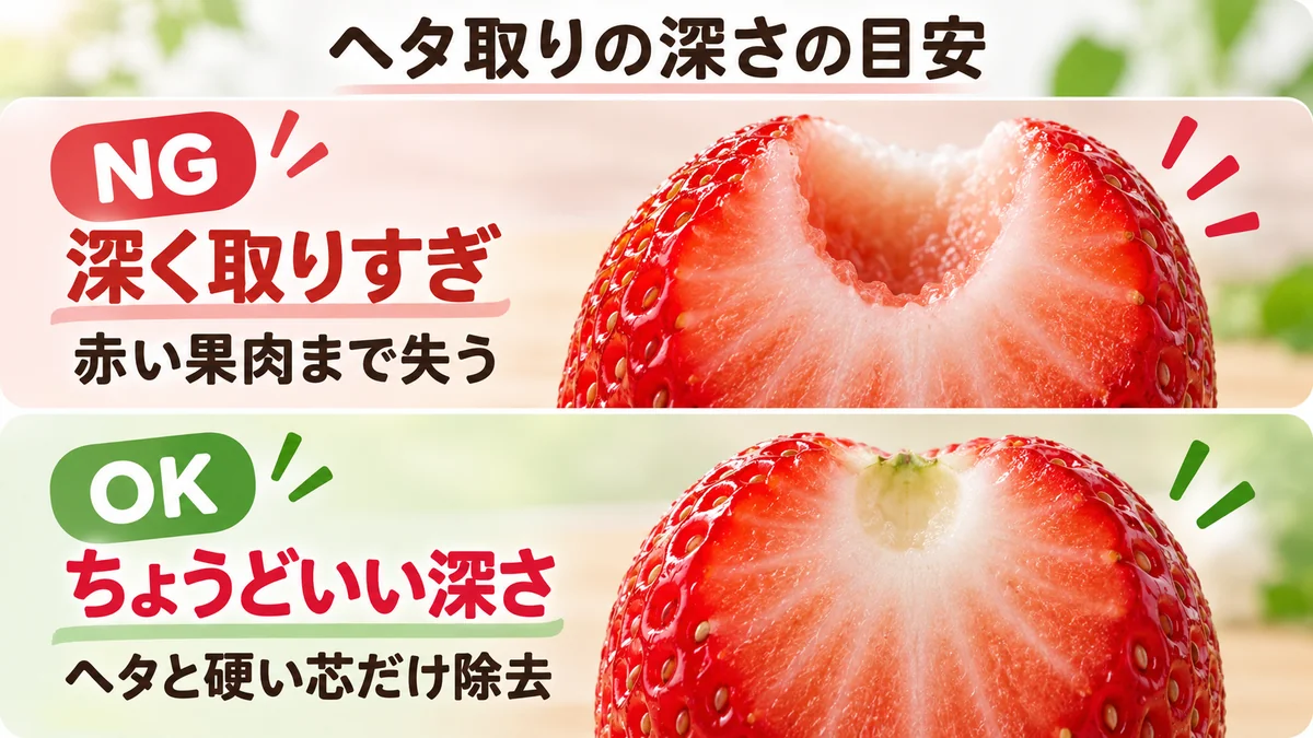 ヘタ取りの深さの目安。NG:深く取りすぎると赤い果肉まで失う。OK:ちょうどいい深さはヘタと硬い芯だけを除去する