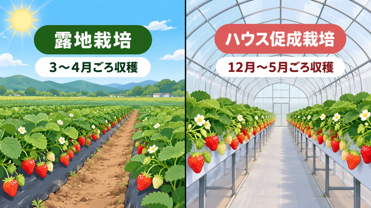 露地栽培は屋外の畑で3〜4月ごろ収穫するのに対し、ハウス促成栽培はビニールハウスの中で12月〜5月ごろ収穫することを示す比較イラスト。