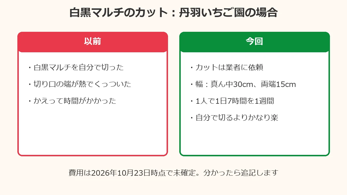 白黒マルチのカットの比較。以前は自分で切って端が熱でくっつき、かえって時間がかかった。今回は業者に依頼し、幅は真ん中30センチ・両端15センチ。1人で1日7時間を1週間かけて貼り、自分で切るよりかなり楽になった。費用は未確定。